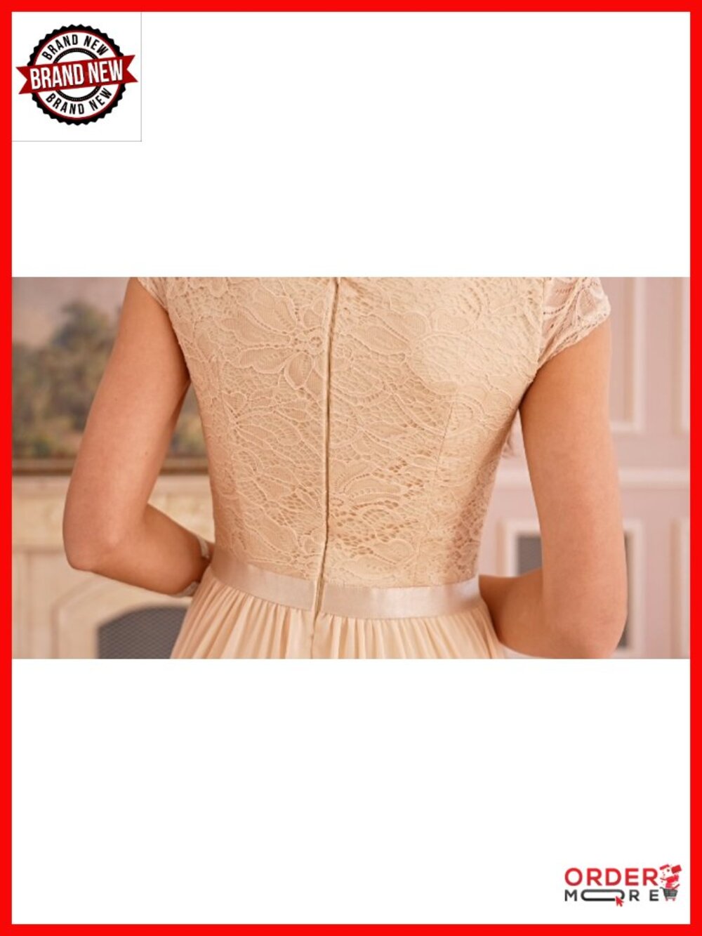 Lace Chiffon Formal Maxi Dress with Cap Sleeves V-Neck - Picture 6 of 6